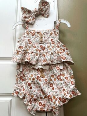 Rachel Zoe Floral Ruffle matching set and Bow Headband - Cream, Rust, Green